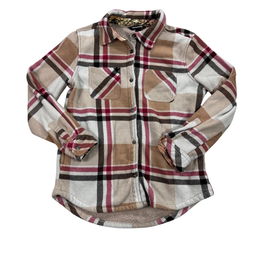 Realtree Shirt Women's Small Brown Plaid Fleece Sherpa Flannel‎ Jacket